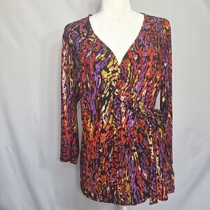 Ann Klein Womens Tunic Blouse Faux Wrap Slinky 3/4 Sleeve Medium